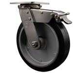 Service Caster #30 Series Grade 316 stainless steel swivel casters with 8 inch moldon rubber tread on aluminum core wheel and total lock provide a washable caster solution