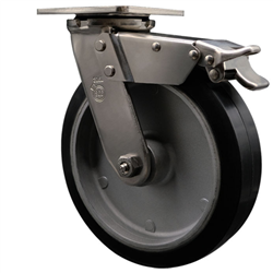 Service Caster #30 Series Grade 316 stainless steel swivel casters with 8 inch moldon rubber tread on aluminum core wheel and total lock provide a washable caster solution