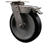 Service Caster #30 Series Grade 316 stainless steel swivel casters with 8 inch moldon rubber tread on aluminum core wheel and total lock provide a washable caster solution