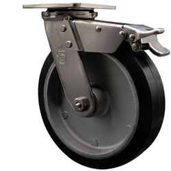 Service Caster #30 Series Grade 316 stainless steel swivel casters with 8 inch moldon rubber tread on aluminum core wheel and total lock provide a washable caster solution