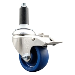Service Caster #20 Series 1 inch expanding adapter stem Grade 316 stainless steel swivel casters with a 3 inch solid blue polyurethane wheel and total lock provide a washable caster solution.