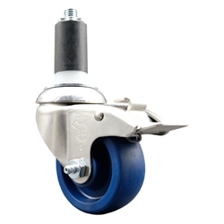 Service Caster #20 Series 1-1/4 inch expanding adapter stem Grade 316 stainless steel swivel casters with a 3 inch solid blue polyurethane wheel and total lock provide a washable caster solution.