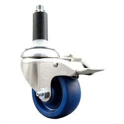 Service Caster #20 Series 1-1/8 inch expanding adapter stem Grade 316 stainless steel swivel casters with a 3 inch solid blue polyurethane wheel and total lock provide a washable caster solution.