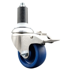 Service Caster #20 Series 1-3/8 inch expanding adapter stem Grade 316 stainless steel swivel casters with a 3 inch solid blue polyurethane wheel and total lock provide a washable caster solution.