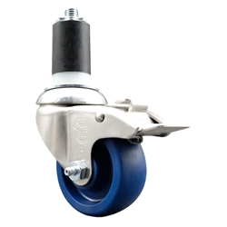 Service Caster #20 Series 1-5/8 inch expanding adapter stem Grade 316 stainless steel swivel casters with a 3 inch solid blue polyurethane wheel and total lock provide a washable caster solution.