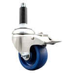 Service Caster #20 Series 3/4 inch expanding adapter stem Grade 316 stainless steel swivel casters with a 3 inch solid blue polyurethane wheel and total lock provide a washable caster solution.
