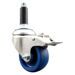 Service Caster #20 Series 3/4 inch expanding adapter stem Grade 316 stainless steel swivel casters with a 3 inch solid blue polyurethane wheel and total lock provide a washable caster solution.