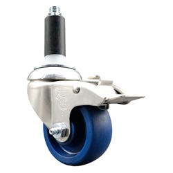 Service Caster #20 Series 1 inch expanding adapter stem Grade 316 stainless steel swivel casters with a 3-1/2 inch solid blue polyurethane wheel and total lock provide a washable caster solution.