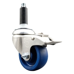 Service Caster #20 Series 3/4 inch expanding adapter stem Grade 316 stainless steel swivel casters with a 3-1/2 inch solid blue polyurethane wheel and total lock provide a washable caster solution.