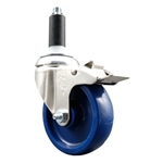 Service Caster #20 Series 1 inch expanding adapter stem Grade 316 stainless steel swivel casters with a 4 inch solid blue polyurethane wheel and total lock provide a washable caster solution.