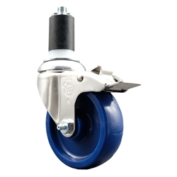 Service Caster #20 Series 1-1/2 inch expanding adapter stem Grade 316 stainless steel swivel casters with a 4 inch solid blue polyurethane wheel and total lock provide a washable caster solution.