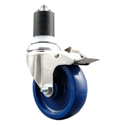 Service Caster #20 Series 1-3/4 inch expanding adapter stem Grade 316 stainless steel swivel casters with a 4 inch solid blue polyurethane wheel and total lock provide a washable caster solution.