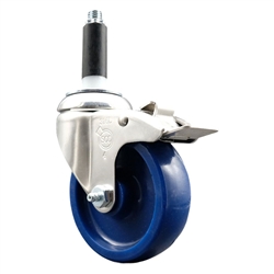 Service Caster #20 Series 3/4 inch expanding adapter stem Grade 316 stainless steel swivel casters with a 4 inch solid blue polyurethane wheel and total lock provide a washable caster solution.
