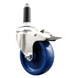 Service Caster #20 Series 7/8 inch expanding adapter stem Grade 316 stainless steel swivel casters with a 4 inch solid blue polyurethane wheel and total lock provide a washable caster solution.