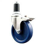 Service Caster #20 Series 1-1/2 inch expanding adapter stem Grade 316 stainless steel swivel casters with a 5 inch solid blue polyurethane wheel and total lock provide a washable caster solution.