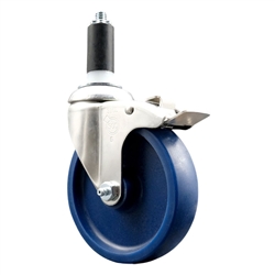 Service Caster #20 Series 1-1/4 inch expanding adapter stem Grade 316 stainless steel swivel casters with a 5 inch solid blue polyurethane wheel and total lock provide a washable caster solution.