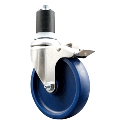 Service Caster #20 Series 1-3/4 inch expanding adapter stem Grade 316 stainless steel swivel casters with a 5 inch solid blue polyurethane wheel and total lock provide a washable caster solution.