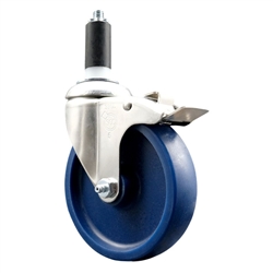 Service Caster #20 Series 1-3/8 inch expanding adapter stem Grade 316 stainless steel swivel casters with a 5 inch solid blue polyurethane wheel and total lock provide a washable caster solution.