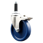 Service Caster #20 Series 3/4 inch expanding adapter stem Grade 316 stainless steel swivel casters with a 5 inch solid blue polyurethane wheel and total lock provide a washable caster solution.