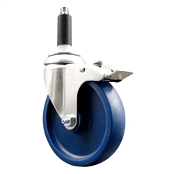Service Caster #20 Series 3/4 inch expanding adapter stem Grade 316 stainless steel swivel casters with a 5 inch solid blue polyurethane wheel and total lock provide a washable caster solution.