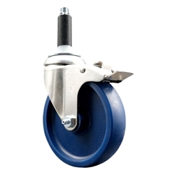 Service Caster #20 Series 7/8 inch expanding adapter stem Grade 316 stainless steel swivel casters with a 5 inch solid blue polyurethane wheel and total lock provide a washable caster solution.