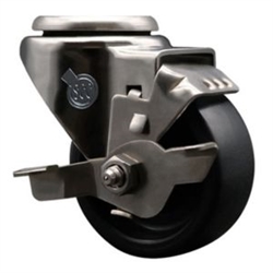 Service Caster #20 Series stainless steel bolt hole swivel casters with 3 inch polyolefin wheel and brake provide a washable caster solution.
