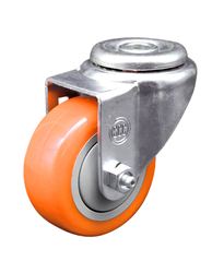 Service Caster #20 Series stainless steel swivel caster with 3 inch Orange polyurethane wheel. These casters are ideal for commercial kitchens, food processing, carts, equipment, and DIY project requiring regular wash down or in wet areas.