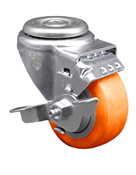 Service Caster #20 Series stainless steel swivel caster with brake and 3 inch Orange polyurethane wheel. These casters are ideal for commercial kitchens, food processing, carts, equipment, and DIY project requiring regular wash down or in wet areas.