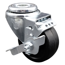 Service Caster #20 Series stainless steel bolt hole swivel casters with 3 inch soft rubber wheel and brake provide a washable caster solution.
