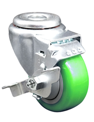 Service Caster #20 Series stainless steel swivel caster with brake and 3.5 inch Green polyurethane wheel. These casters are ideal for commercial kitchens, food processing, carts, equipment, and DIY project requiring regular wash down or in wet areas.