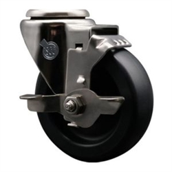 Service Caster #20 Series stainless steel bolt hole swivel casters with 4 inch polyolefin wheel and brake provide a washable caster solution.
