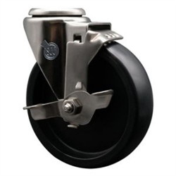 Service Caster #20 Series stainless steel bolt hole swivel casters with 5 inch polyolefin wheel and brake provide a washable caster solution.