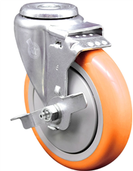 Service Caster #20 Series stainless steel swivel caster with brake and 5 inch Orange polyurethane wheel. These casters are ideal for commercial kitchens, food processing, carts, equipment, and DIY project requiring regular wash down or in wet areas.