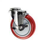 5" Stainless Steel Bolt Hole Caster with Red Polyurethane Tread and Brake