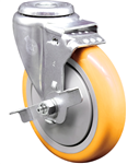 Service Caster #20 Series stainless steel swivel caster with brake and 5 inch yellow polyurethane wheel. These casters are ideal for commercial kitchens, food processing, carts, equipment, and DIY project requiring regular wash down or in wet areas.