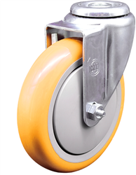 Service Caster #20 Series stainless steel swivel caster with 5 inch yellow polyurethane wheel. These casters are ideal for commercial kitchens, food processing, carts, equipment, and DIY project requiring regular wash down or in wet areas. 