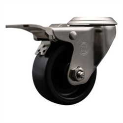 Service Caster #20 Series stainless steel bolt hole swivel casters with 3 inch polyolefin wheel and total lock provide a washable caster solution.