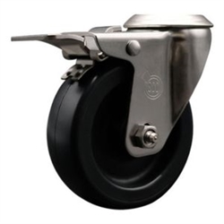 Service Caster #20 Series stainless steel bolt hole swivel casters with 4 inch polyolefin wheel and total lock provide a washable caster solution.