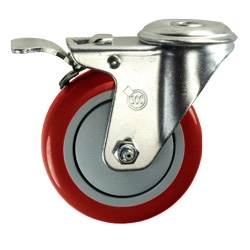 4" Stainless Steel Bolt Hole Caster with Red Polyurethane Tread and Total Lock