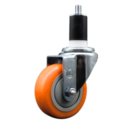 Service Caster 1-1/2 inch expanding stem  stainless steel swivel caster with a 3-1/2 inch orange polyurethane wheel. Featuring stainless steel components, these casters are ideal for any equipment with round or square tube legs.