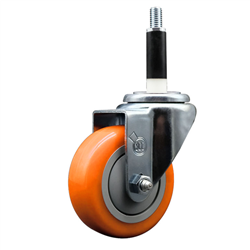 Service Caster 7/8 inch expanding stem  stainless steel swivel caster with a 3-1/2 inch orange polyurethane wheel. Featuring stainless steel components, these casters are ideal for any equipment with round or square tube legs.