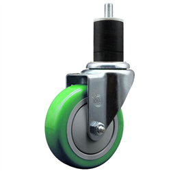 Service Caster 1-3/4 inch expanding stem  stainless steel swivel caster with a 4 inch green polyurethane wheel. Featuring stainless steel components, these casters are ideal for any equipment with round or square tube legs.