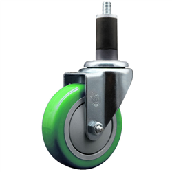 Service Caster 1-1/4 inch expanding stem  stainless steel swivel caster with a 4 inch green polyurethane wheel. Featuring stainless steel components, these casters are ideal for any equipment with round or square tube legs.