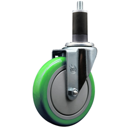 Service Caster 1-1/4 inch expanding stem  stainless steel swivel caster with a 5 inch green polyurethane wheel. Featuring stainless steel components, these casters are ideal for any equipment with round or square tube legs.