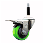 Service Caster 7/8 inch expanding stem  stainless steel swivel caster with a 3 inch green polyurethane wheel and a total lock brake. Featuring stainless steel components, these casters are ideal for any equipment with round or square tube legs.