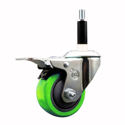 Service Caster 7/8 inch expanding stem  stainless steel swivel caster with a 3 inch green polyurethane wheel and a total lock brake. Featuring stainless steel components, these casters are ideal for any equipment with round or square tube legs.