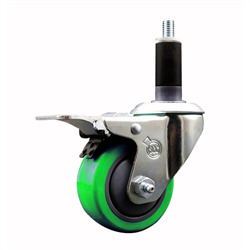 Service Caster 1-1/8 inch expanding stem  stainless steel swivel caster with a 3 inch green polyurethane wheel and a total lock brake. Featuring stainless steel components, these casters are ideal for any equipment with round or square tube legs.