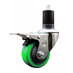 Service Caster 1-5/8 inch expanding stem  stainless steel swivel caster with a 3 inch green polyurethane wheel and a total lock brake. Featuring stainless steel components, these casters are ideal for any equipment with round or square tube legs.