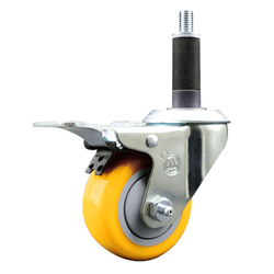 Service Caster 1 inch expanding stem  stainless steel swivel caster with a 3 inch yellow polyurethane wheel and a total lock brake. Featuring stainless steel components, these casters are ideal for any equipment with round or square tube legs.