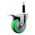 Service Caster 3/4 inch expanding stem  stainless steel swivel caster with a 4 inch green polyurethane wheel and a total lock brake. Featuring stainless steel components, these casters are ideal for any equipment with round or square tube legs.